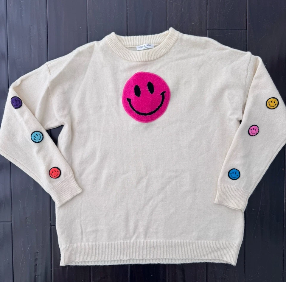 Hazel & Olive Smiley Face Sweater One Size White Multicolor Happy Face Knit NWOT - Image 2 of 4