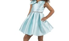 Rare Editions Girls Aqua Satin Flower Girl Dress Size 5 Bow Shoulder Rhinestone