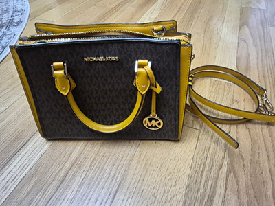 Michael Kors Logo Satchel Brown/Yellow Top Handle Detachable Strap Zip Snap