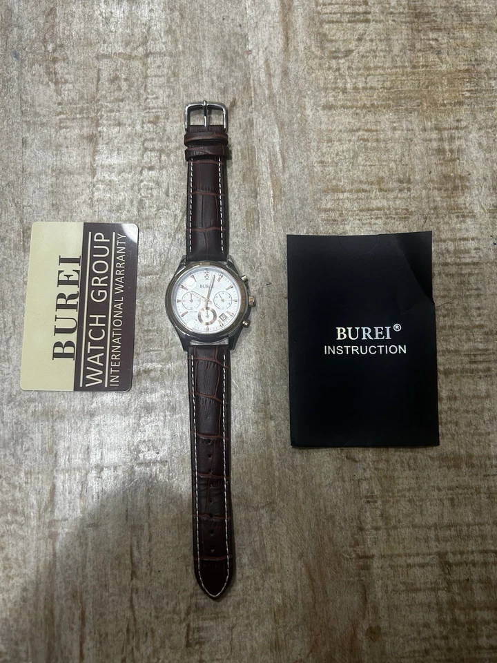 BUREI Reloj Hombre Cronógrafo Cuarzo con Correa Cuero Marrón Foto 3 de 4