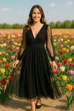 Baltic Born 1X Black Layla Tulle Maxi Dress Sheer Sleeve Evening Gown Dress