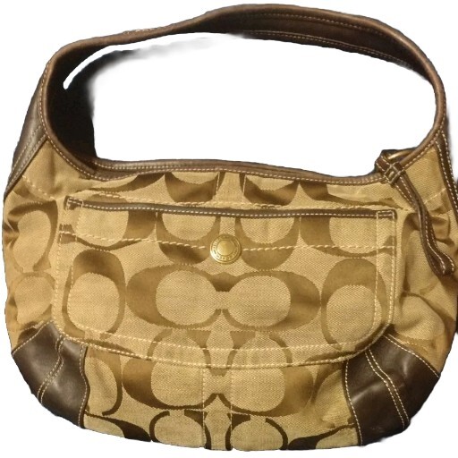 COACH SIGNATURE HOBO JACQUARD & PATENT KHAKI & BROWN PURSE BAG K0732-11600