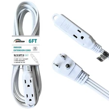 HONDERONS 6 FT 3 Outlets White Extension Cord with Flat Plug16/3 SPT-3 Extens...