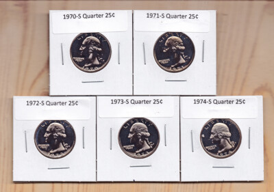 1970-S to 1974-S  Cameo Washington QUARTER - Run of 5 - From Proof Sets