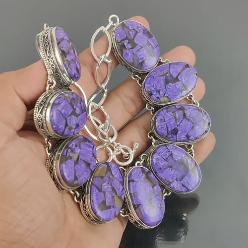 Collar de plata de ley 925 con cadena Charoite de cobre natural esposa vintage - Vídeo 1 de 1