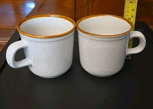 Vintage Set of 2 Stoneware  Coffee Cups Mug Tan Brown Trim Japan