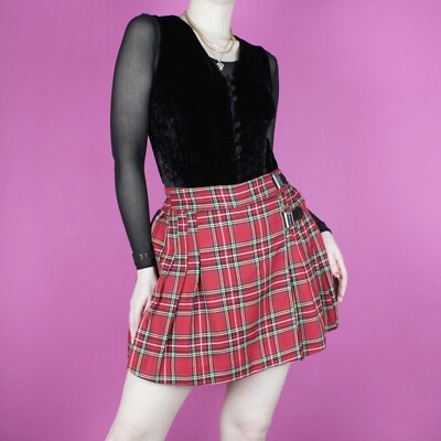 Plissee 2000er Y2K Mini rot kurz kariert Tartan Kilt Punk Shorts Skort Rock XS 6