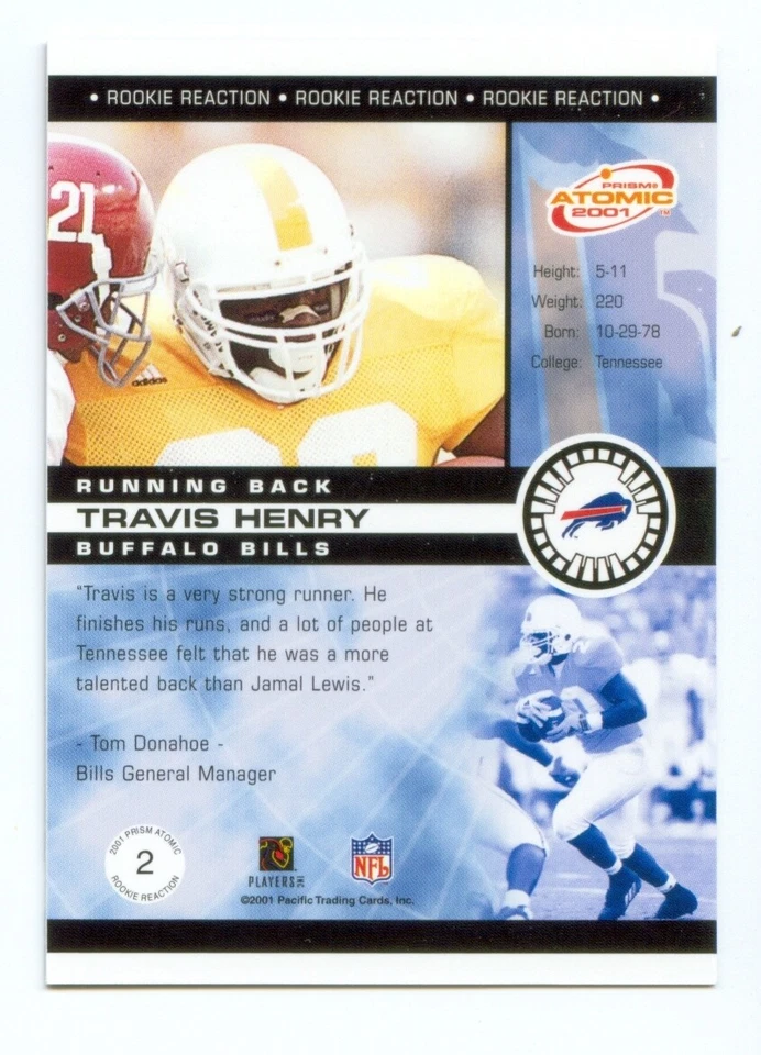 2001 Pacific Prism Atomic Rookie Reaction #2 TRAVIS HENRY Bills VOLUNTEERS - Image 2 of 2