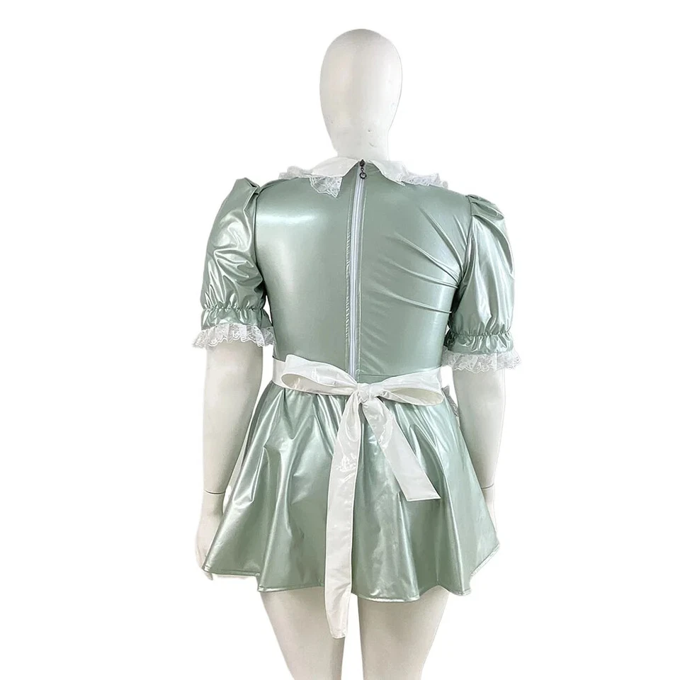 Maid Lolita Pleated Mini PVC Dress Sets Sissy Cosplay Maid Costume with Apron - Image 4 of 4