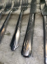 Vintage lot U.S.A. 6 Forks 5 Knives Stainless Flatware Art Deco Style Unmarked