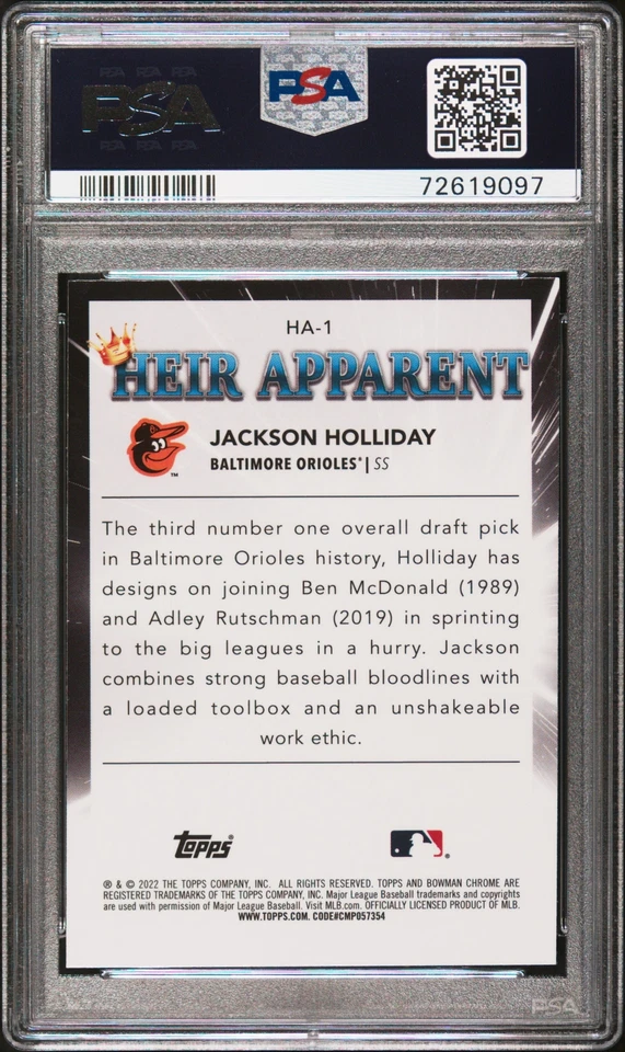 PSA 10 JACKSON HOLLIDAY 2022 Bowman Chrome Draft HEIR APPARENT ORIOLES GEM MINT - Image 3 of 3