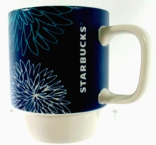 Starbucks Coffee Tea Mug Cup Blue Pom Teal Floral Flower 12oz Stackable 2016