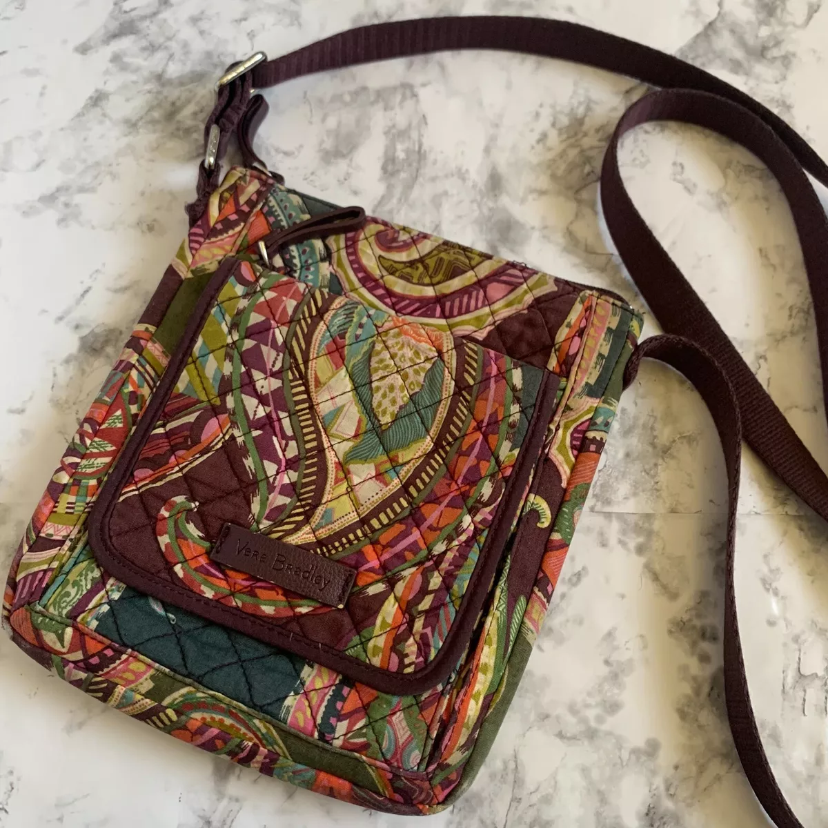 Vera Bradley Mini Hipster Fabric Crossbody Burgundy Green Orange Pattern Bag