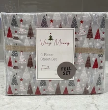 VERY MERRY Whimsical Christmas Trees Full Size Sheet Set Gray Sheets NEW