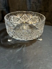 Bowl American Brilliant Straight Sided 3 Footed w/Fan & Hobstar Pattern 7 1/2" D