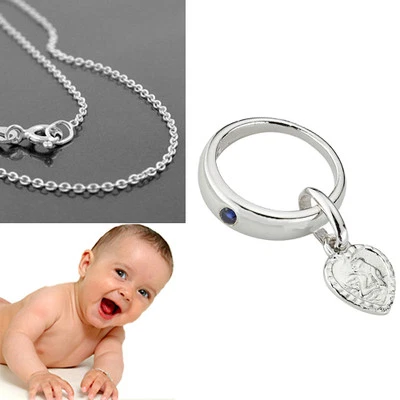 FACHHANDEL-DIREKT Jungen Taufe Herz Schutz Engel Taufring Safir blau mit 38 cm Kette Silber 925