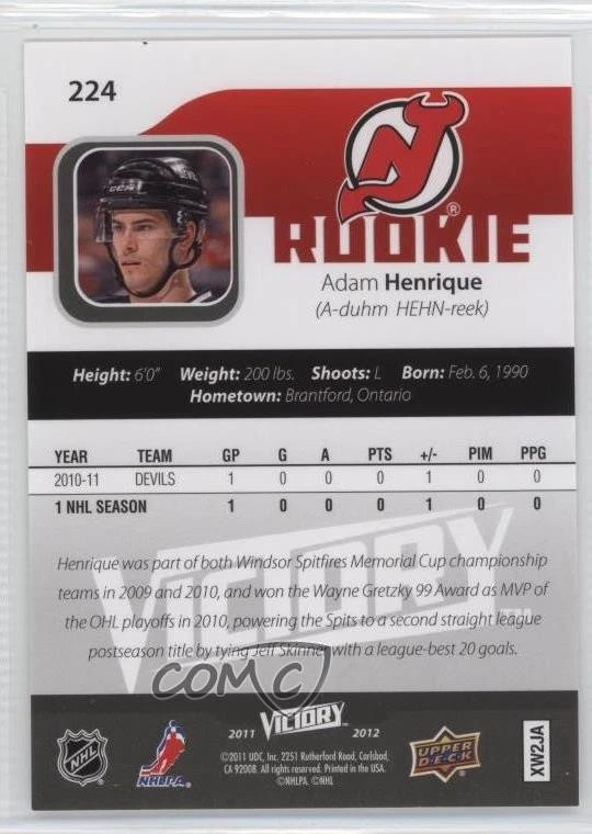 2011-12 Upper Deck Victory Rookie Adam Henrique #224 Rookie RC - Image 2 of 2