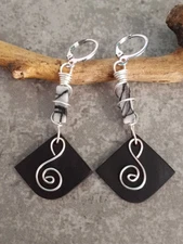 UNIQUE EBONY WOOD/WHITE BLACK STONE WEB JASPER BEAD/SILVER WIRE COIL EARRINGS