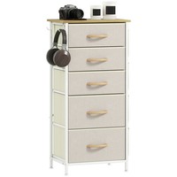 Kommode Schrank Mit 5 Schubladen Aus Vliesstoff, Haken, Seitentasche Beige