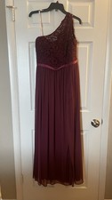 Davids Bridal Lace Top One Shoulder Formal Dress Gown Wine Burgundy Sz 14