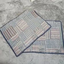 Hand Quilted Pillow Shams Blue Stripe Patchwork Set of 2 Button Back 25.5x19.5