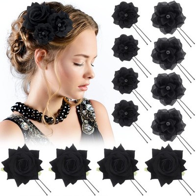 12 PCS Black Rose Hair Clips, Mexican Flower, Flamenco Dancer, Wedding, Women