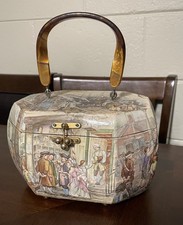 VTG Anton Pieck Style Decoupage Octagon Wooden Purse Lucite Handle Colonial
