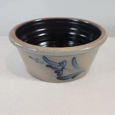 VTG 1990 Rowe Pottery Salt Glazed Blue Floral Hand Thrown Open Bowl Crock 9"x4"