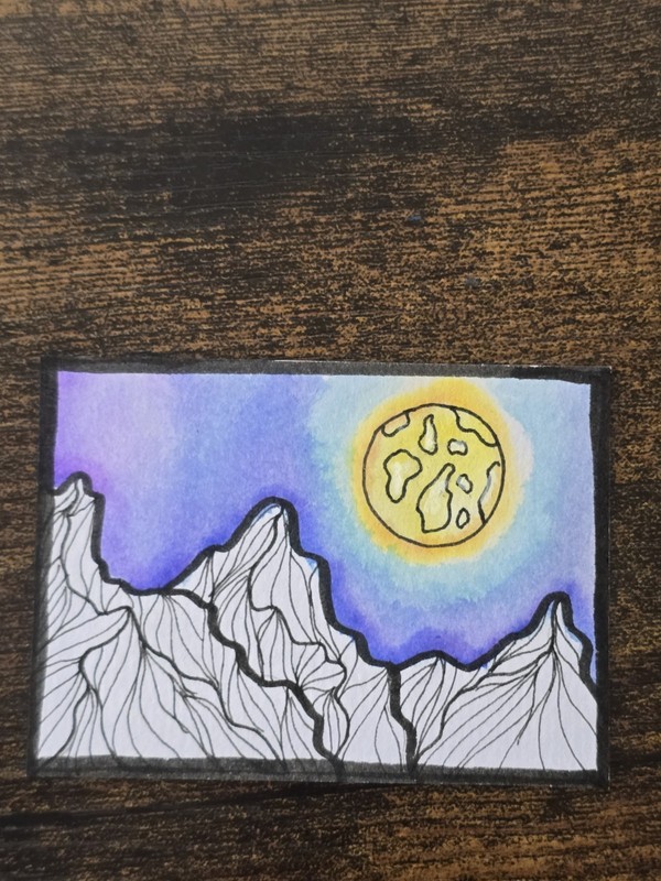 ACEO Original Landscape Mountains Night Sky Contour Lunar Moon Nature Glowing 