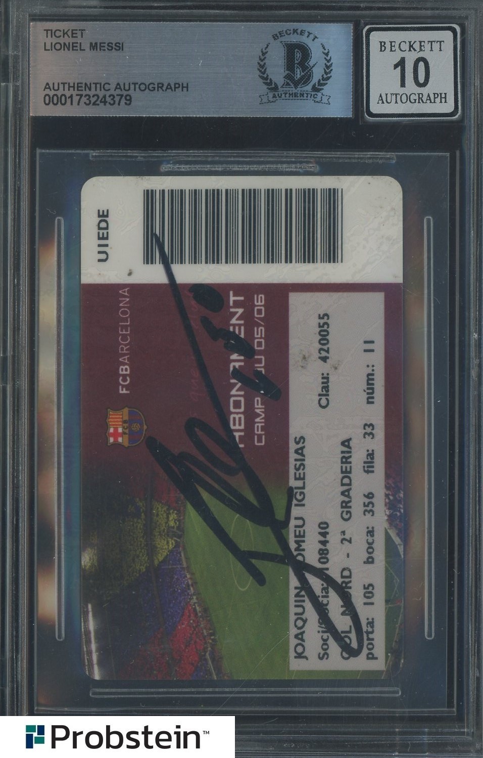 Lionel Messi Signed FC Barcelona Soccer Ticket BGS BAS Beckett 10 AUTO