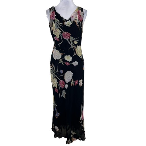 Y2K Eva Blue Maxi Dress 12 Floral Cowl Neck Beaded Vintage 90s Special Occasion