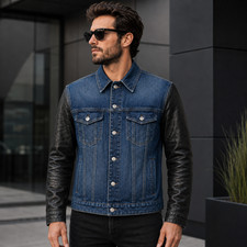 Mens Denim Trucker Jacket with Leather Sleeve...