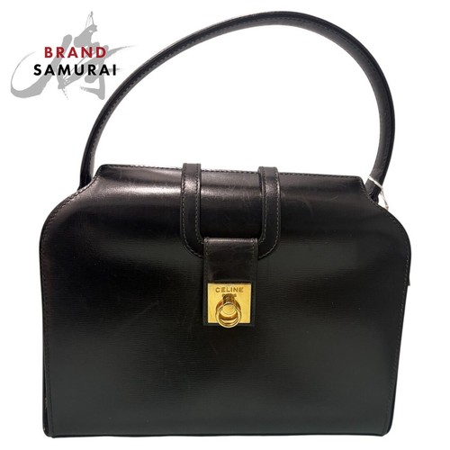 CELINE Calf Leather Handbag Black Gold Hardware Used From Japan