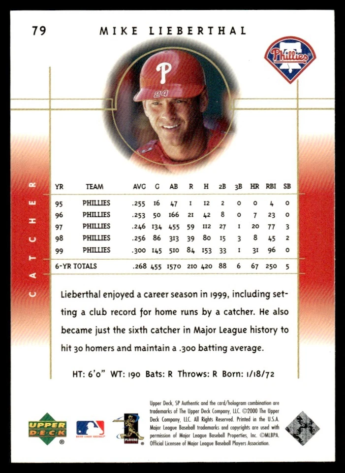 2000 SP Authentic Mike Lieberthal Philadelphia Phillies #79 - Image 2 of 2