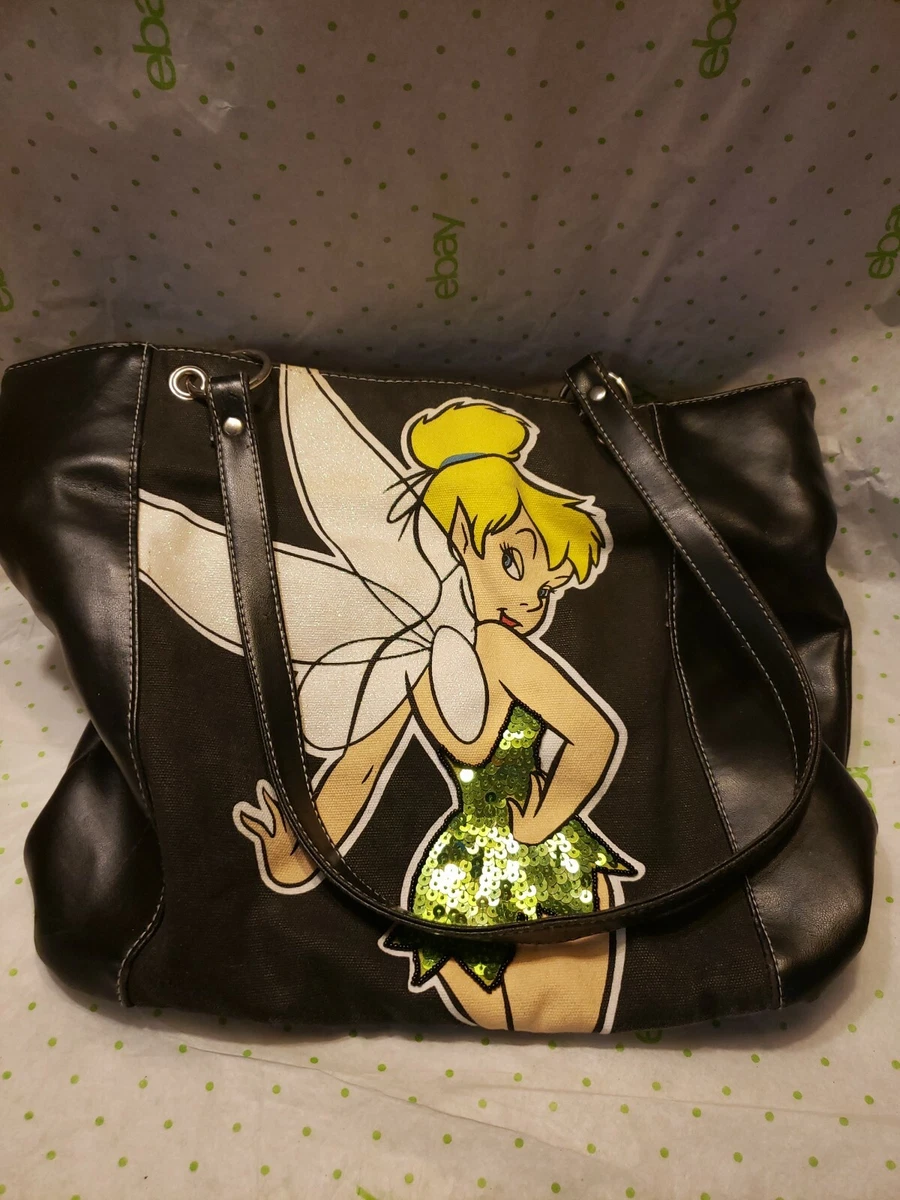 Disney Tinkerbell Glitter Wings Fairy Black Leather Cloth 14x12x5 PURSE Handbag