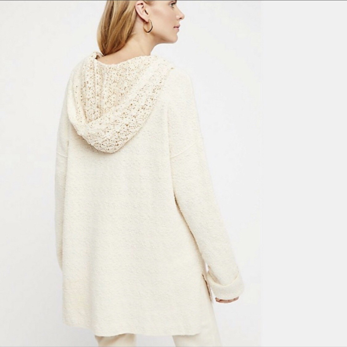 FREE PEOPLE Candy Crochet Hoodie Tunic Ivory Top Pullover Small-S