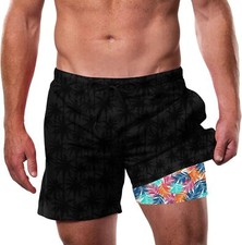Men's Quick Dry Swim Trunks with Compression Liner 5.5" Inseam Zipper Pockets