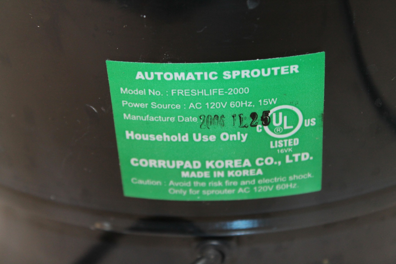 Model 2000 Freshlife Automatic Sprouter Household Use Only FL Fresh Life