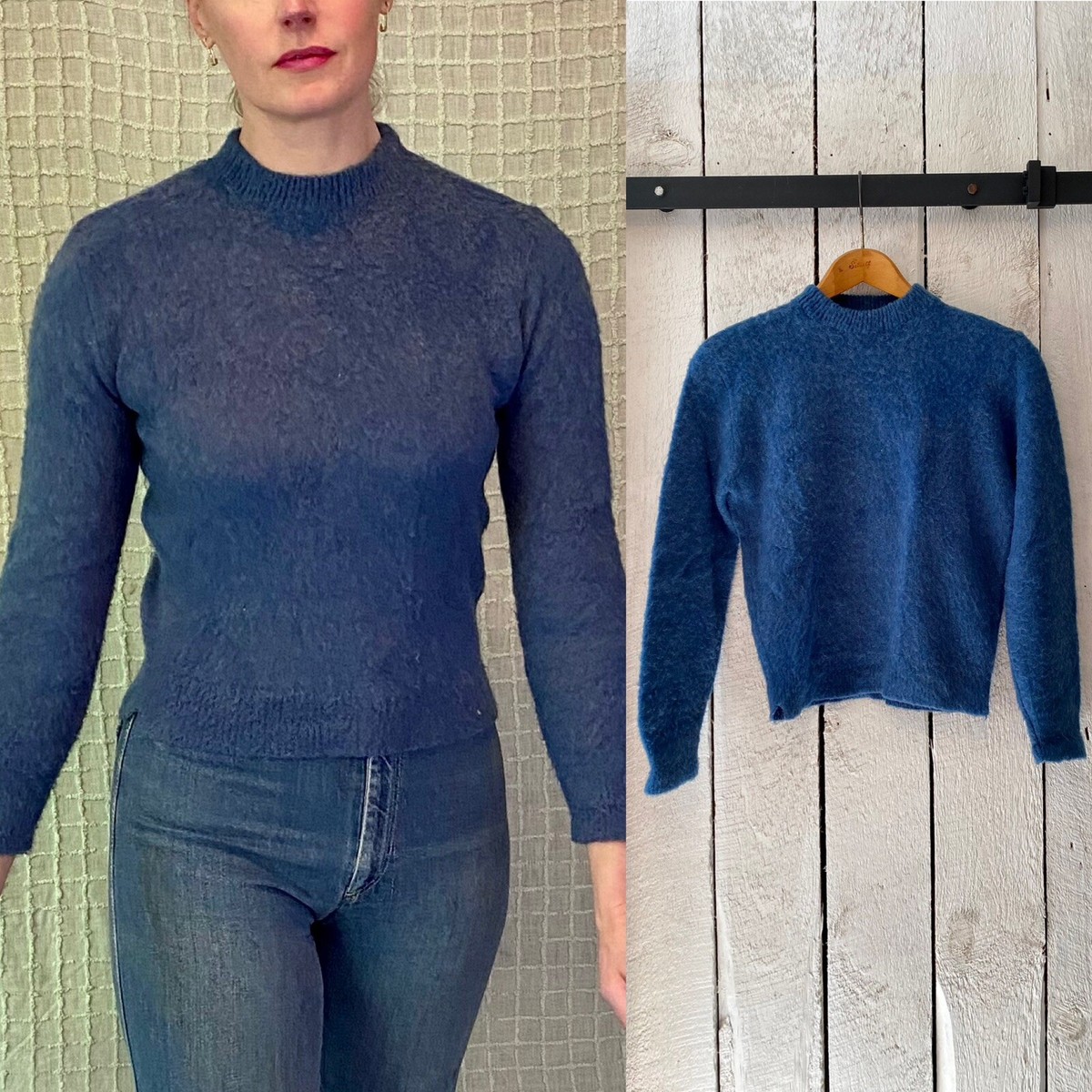 Vintage 60s Teal Blue Shaggy Mohair Pull Over Mid Century Sweater