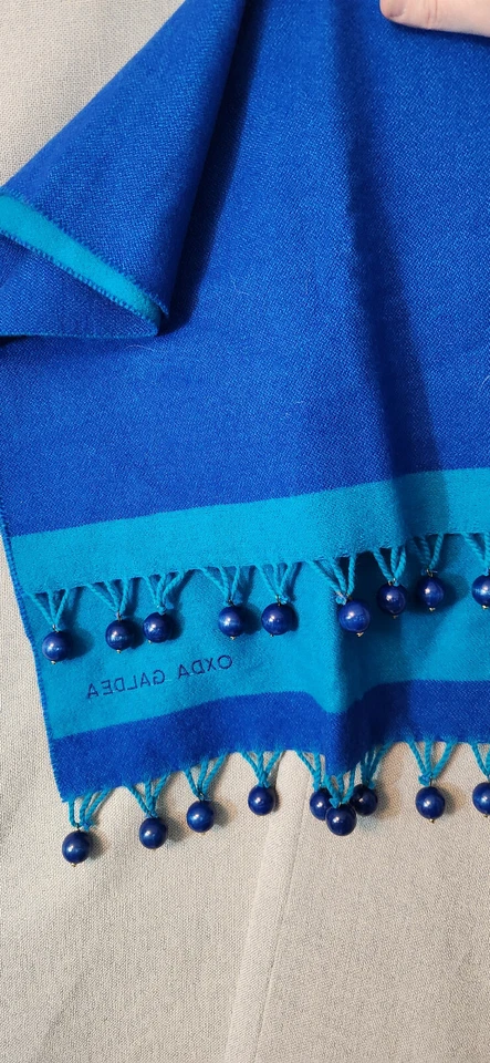 Bufanda de lana reversible borlas con cuentas azules vintage Oxda Galdea 2 tonos Foto 4 de 4