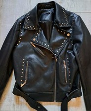 Julien Macdonald Star Vintage Faux Leather Biker Jacket Black Uk 12 Silver Zips