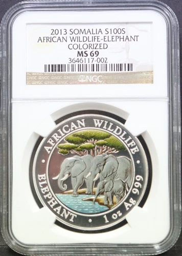 Somalia 2013 African Wildlife Elephant Colorized Silver Coin NGC 69