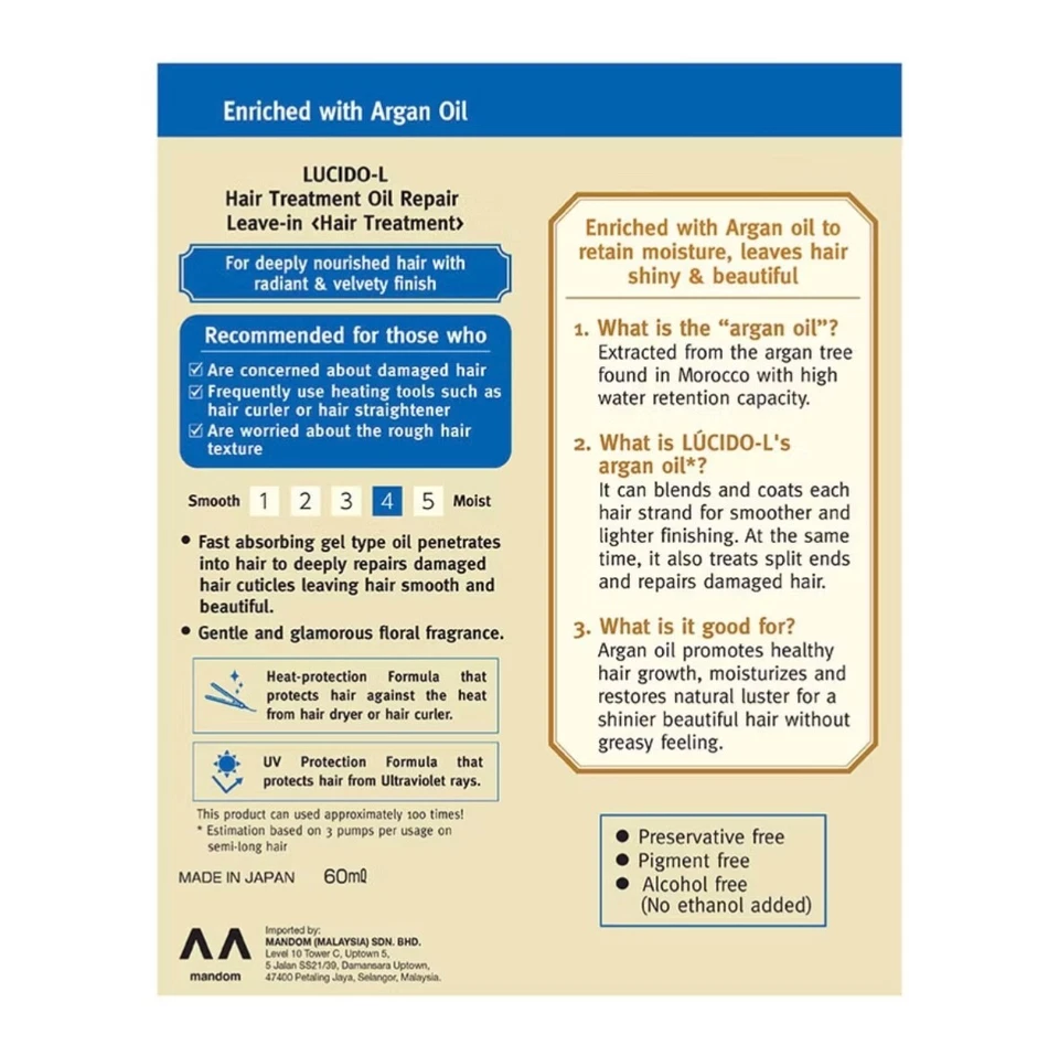 LUCIDO-L Argan Rich Oil Hair Treatment 60ml (Damage & Coloured Hair) - Image 3 of 3