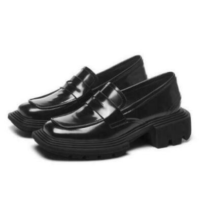 Fashion Womens Leather Square Toe Platform Chunky Heel Slip