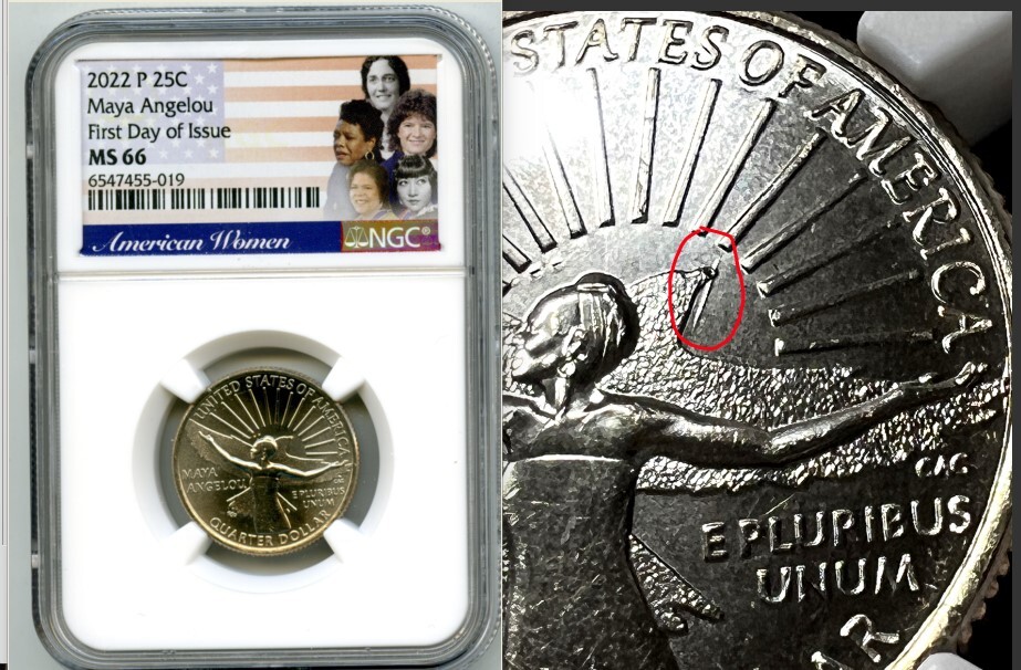 2022 P MAYA ANGELOU QUARTER NGC MS66 DIE GOUGE TWIG ERROR