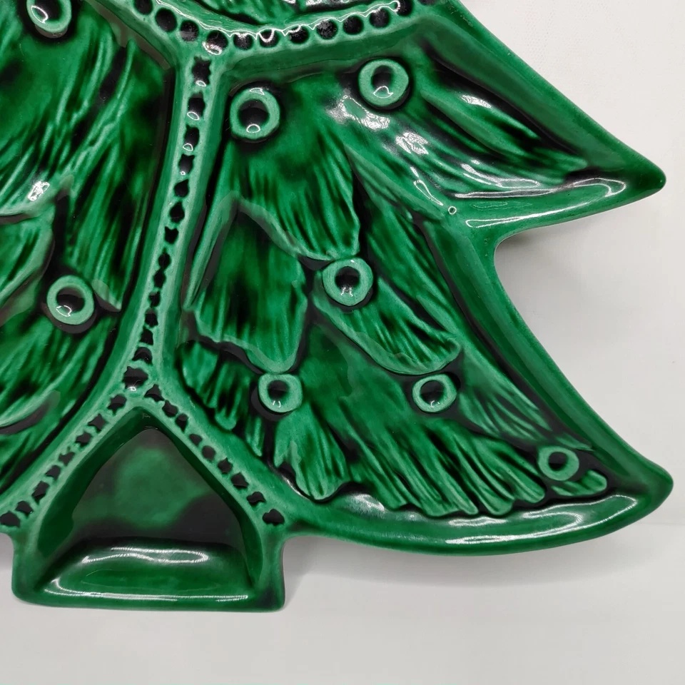 Bandeja para servir árbol de Navidad de cerámica vintage verde 15 1/4" Foto 4 de 4