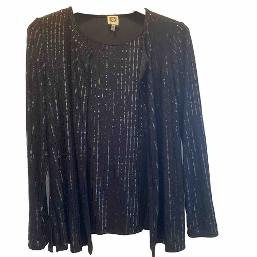 Anne Klein Women Size Small Black Shiny Sequin Long Sleeve Open Top