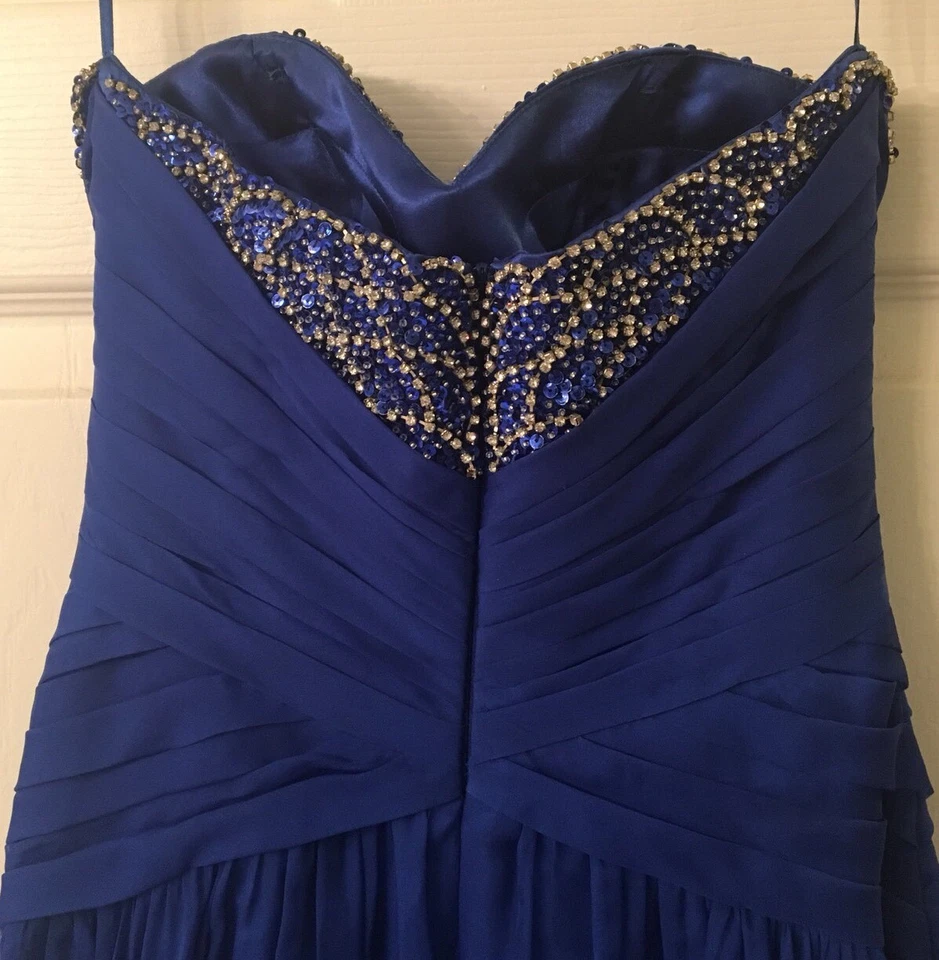 Hermoso vestido de noche largo sin tirantes Cache talla 0 azul real Foto 3 de 4