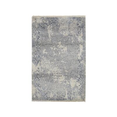 4'x6' Spruce Blue Wool & Pure Silk Erased Zoroastrian Design Oriental Rug R78222