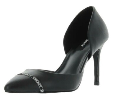 DKNY Rosetta Dorsay Black Pumps New 6M Pointed Toe Logo Stiletto High Heels